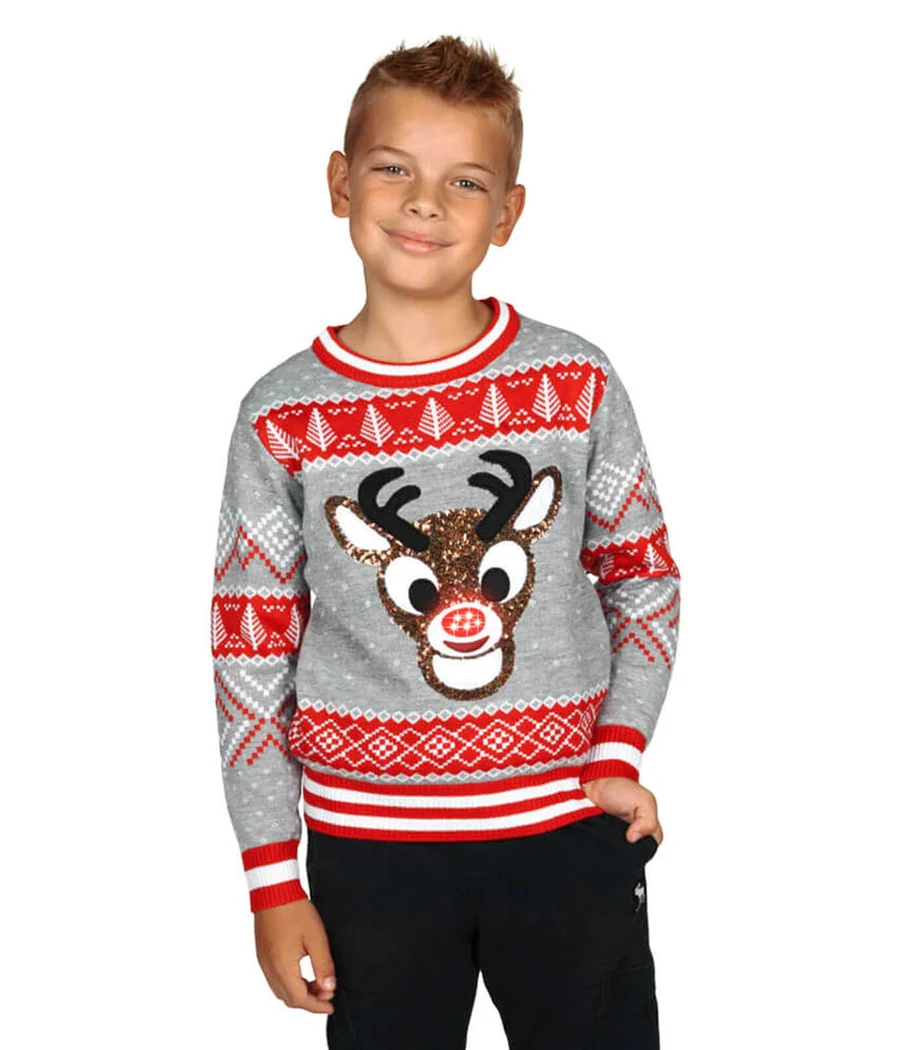 Boy's Sequin Rudolph Light Up Ugly Christmas Sweater - Image 3