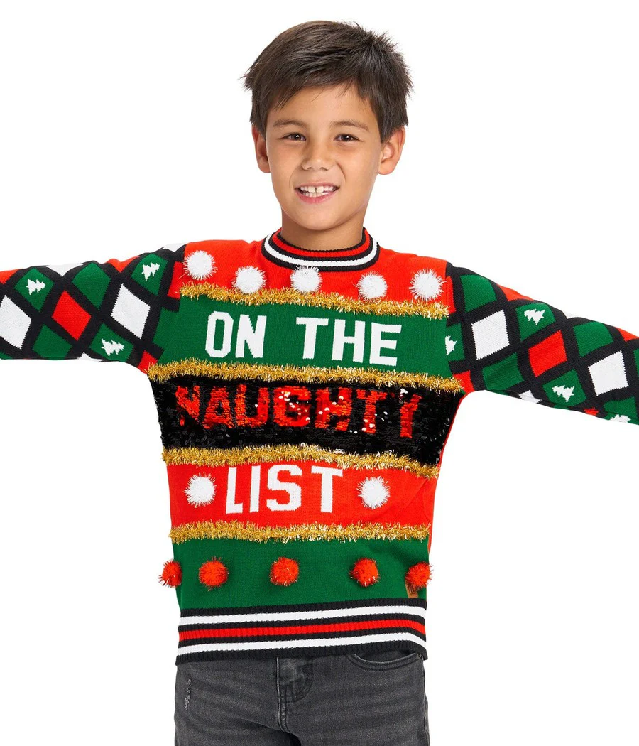 Boy's Naughty or Nice Reversible Sequin Ugly Christmas Sweater - Image 2