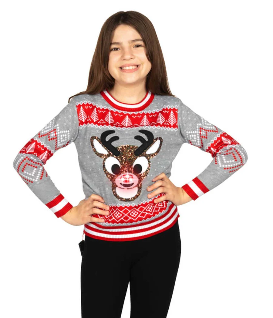 Girl's Sequin Rudolph Light Up Ugly Christmas Sweater - Image 3