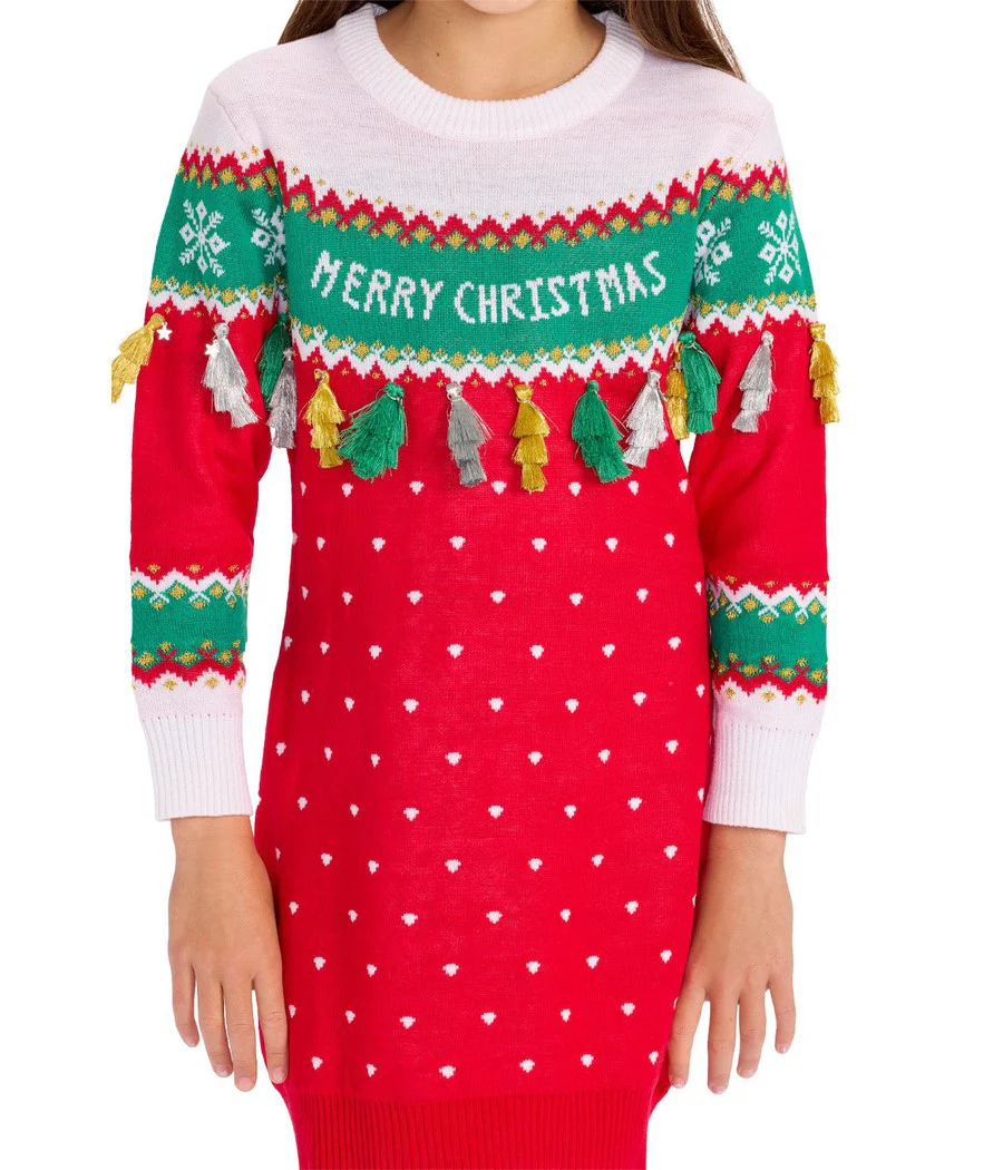 Girl's Merry Christmas Tassel Sweater Dress - Image 3