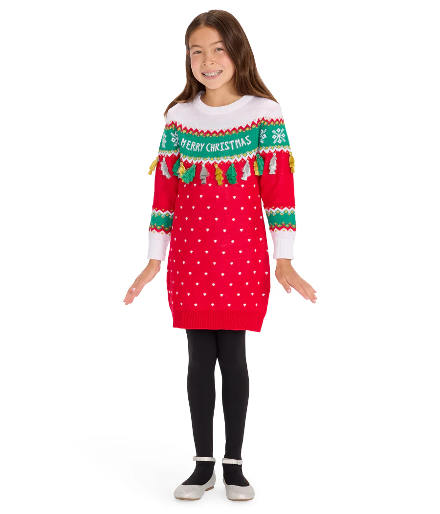 Girl's Merry Christmas Tassel Sweater Dress - Image 4