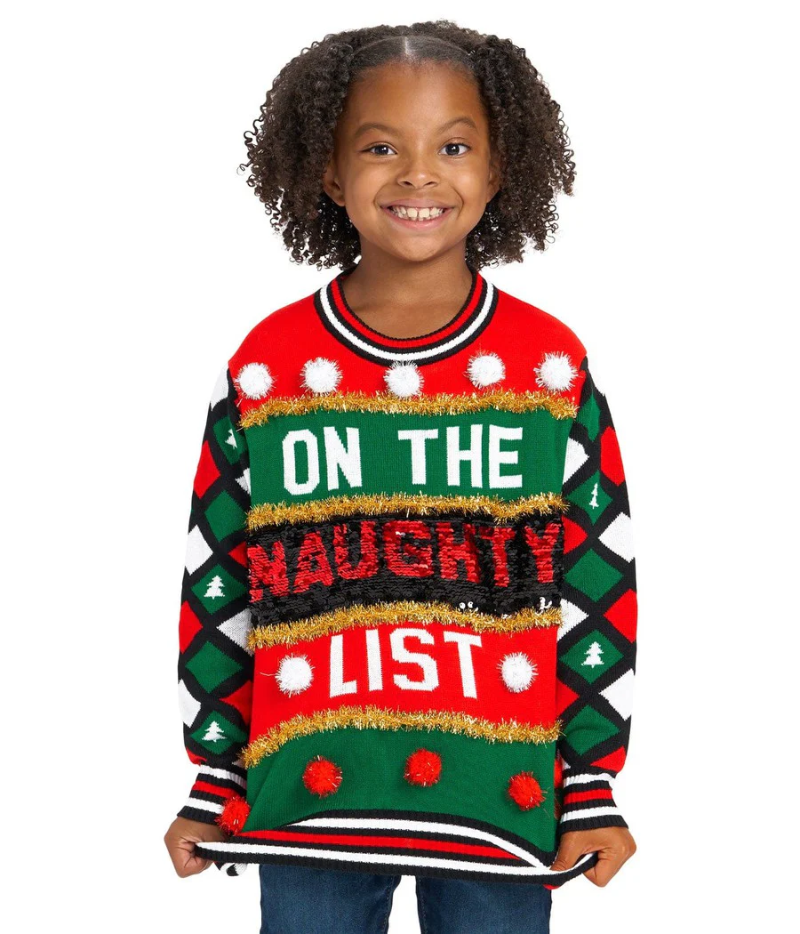 Girl's Naughty or Nice Reversible Sequin Ugly Christmas Sweater - Image 2