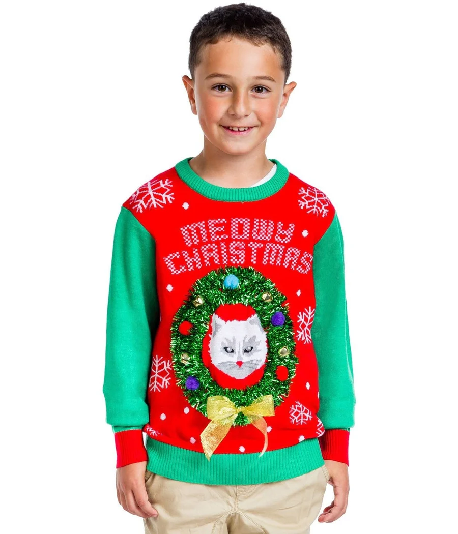 Boy's / Girl's Cat in Wreath Ugly Christmas Sweater - Image 3