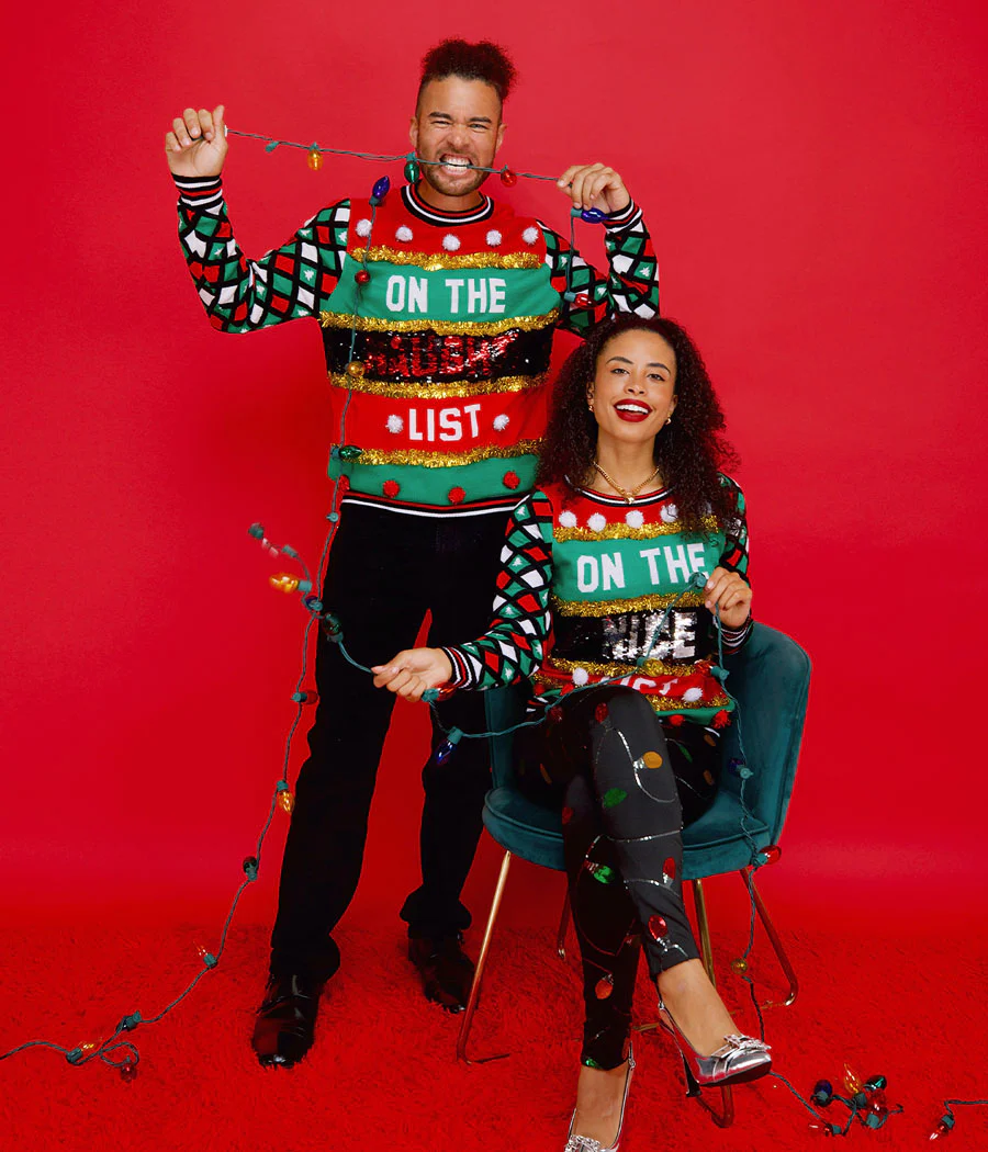 Matching Naughty or Nice Reversible Sequin Couples Ugly Christmas Sweater - Image 2
