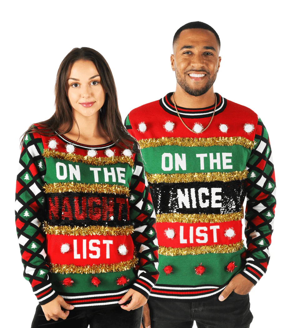 Matching Naughty or Nice Reversible Sequin Couples Ugly Christmas Sweater - Image 3