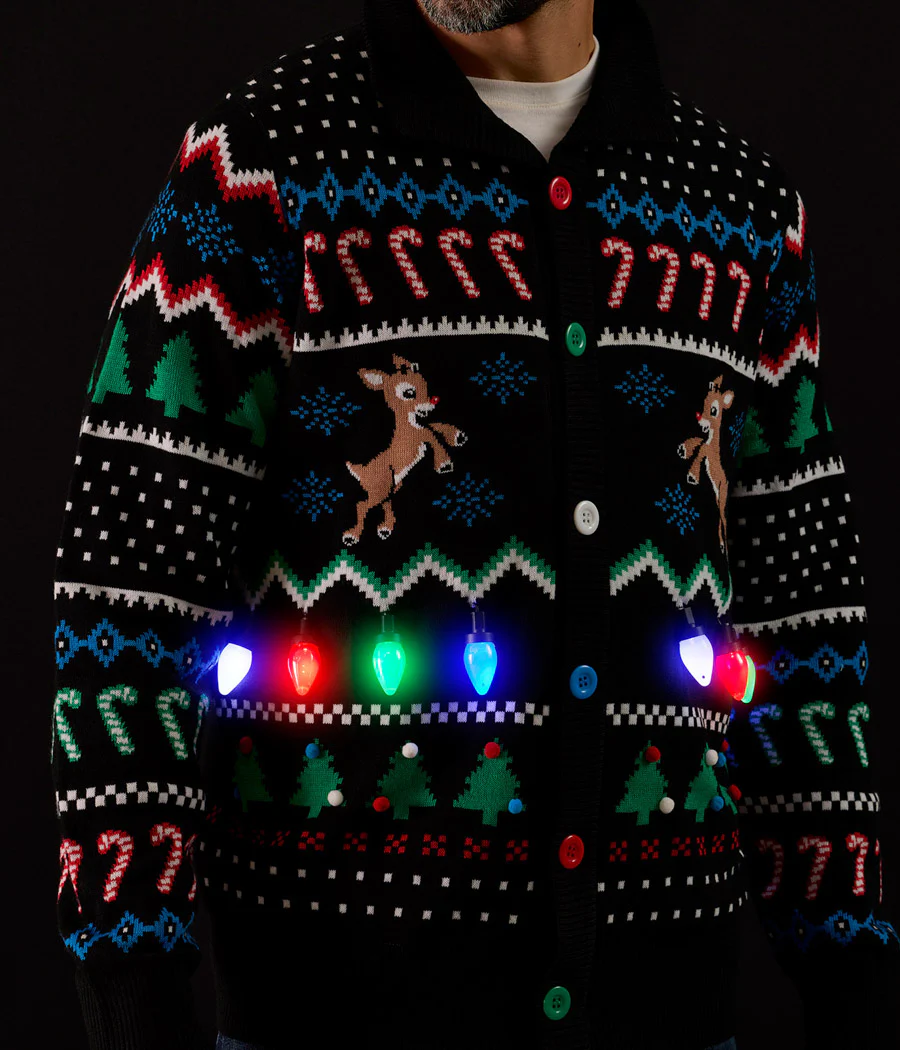 Men's Fair Isle Rudolph Light Up Christmas Cardigan Sweater - Image 6