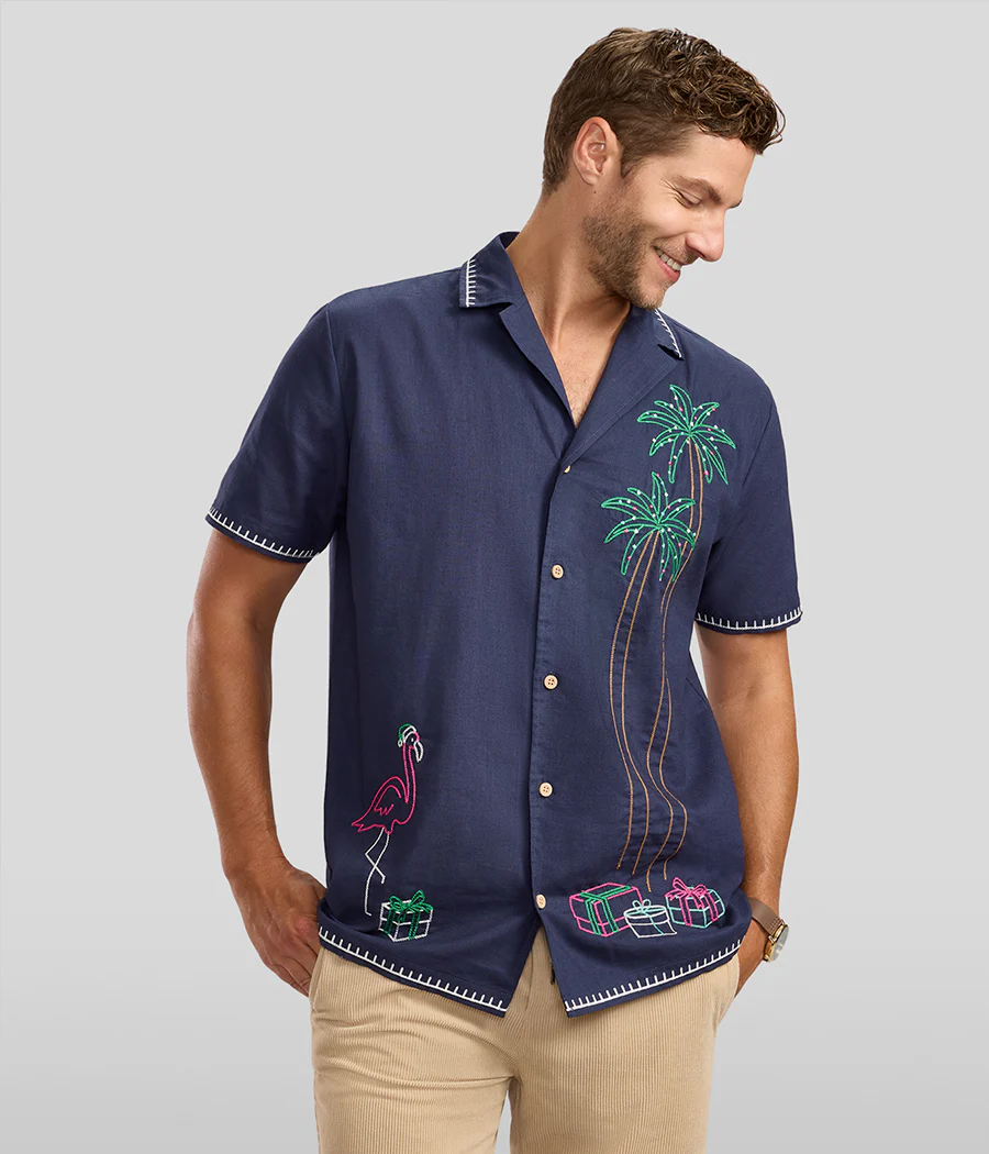 Men's Festive Flamingo Linen Cabana Shirt - Image 2