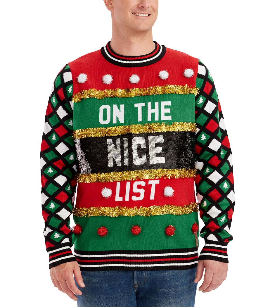 Men's Naughty or Nice Reversible Sequin Ugly Christmas Sweater - Image 4