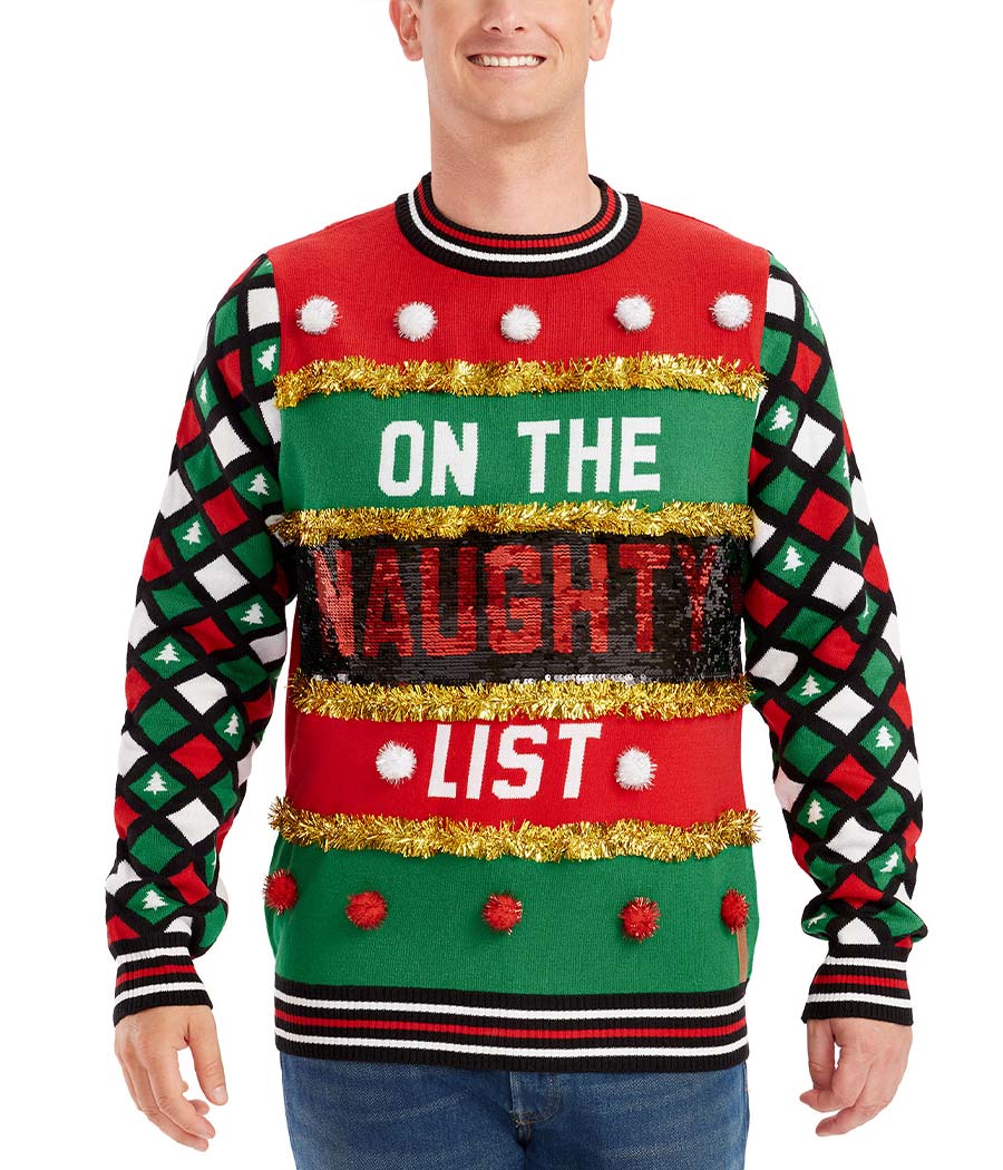 Men's Naughty or Nice Reversible Sequin Ugly Christmas Sweater - Image 5