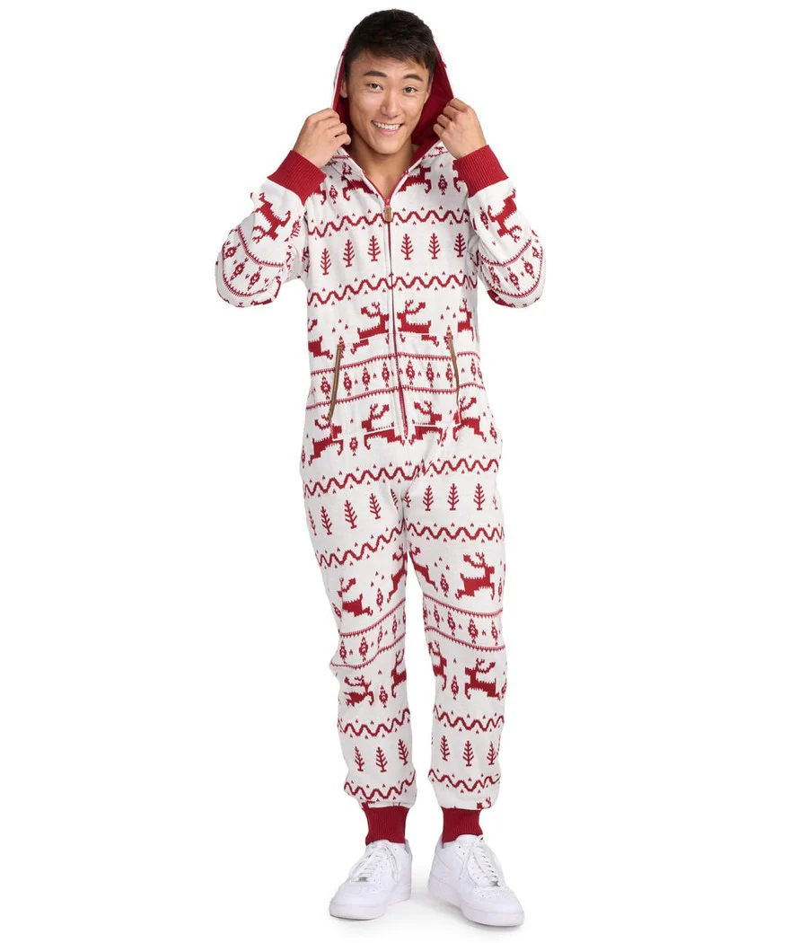 Men's Red and White Fair Isle Knit Jumpsuit - Image 2