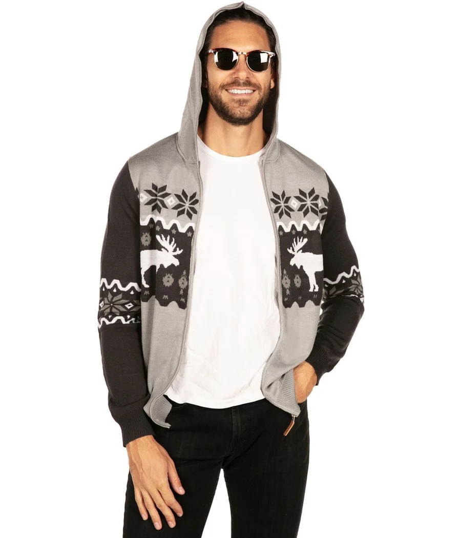 Men's Winter Moose Zip Up Hooded Sweater - Image 2