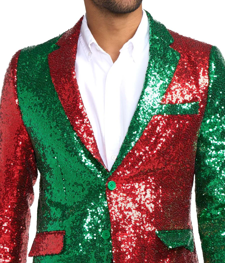 Men's Red and Green Sequin Blazer - Image 3