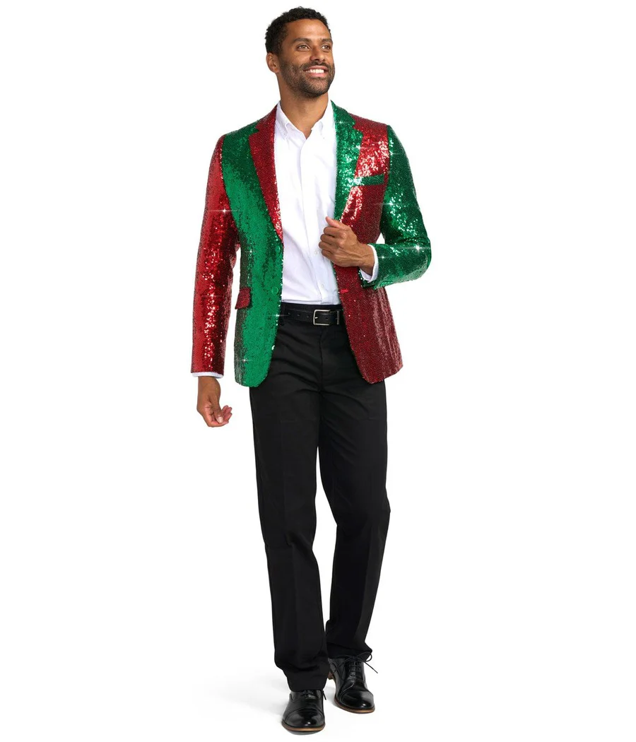 Men's Red and Green Sequin Blazer - Image 5