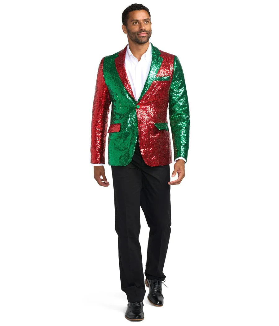 Men's Red and Green Sequin Blazer - Image 6