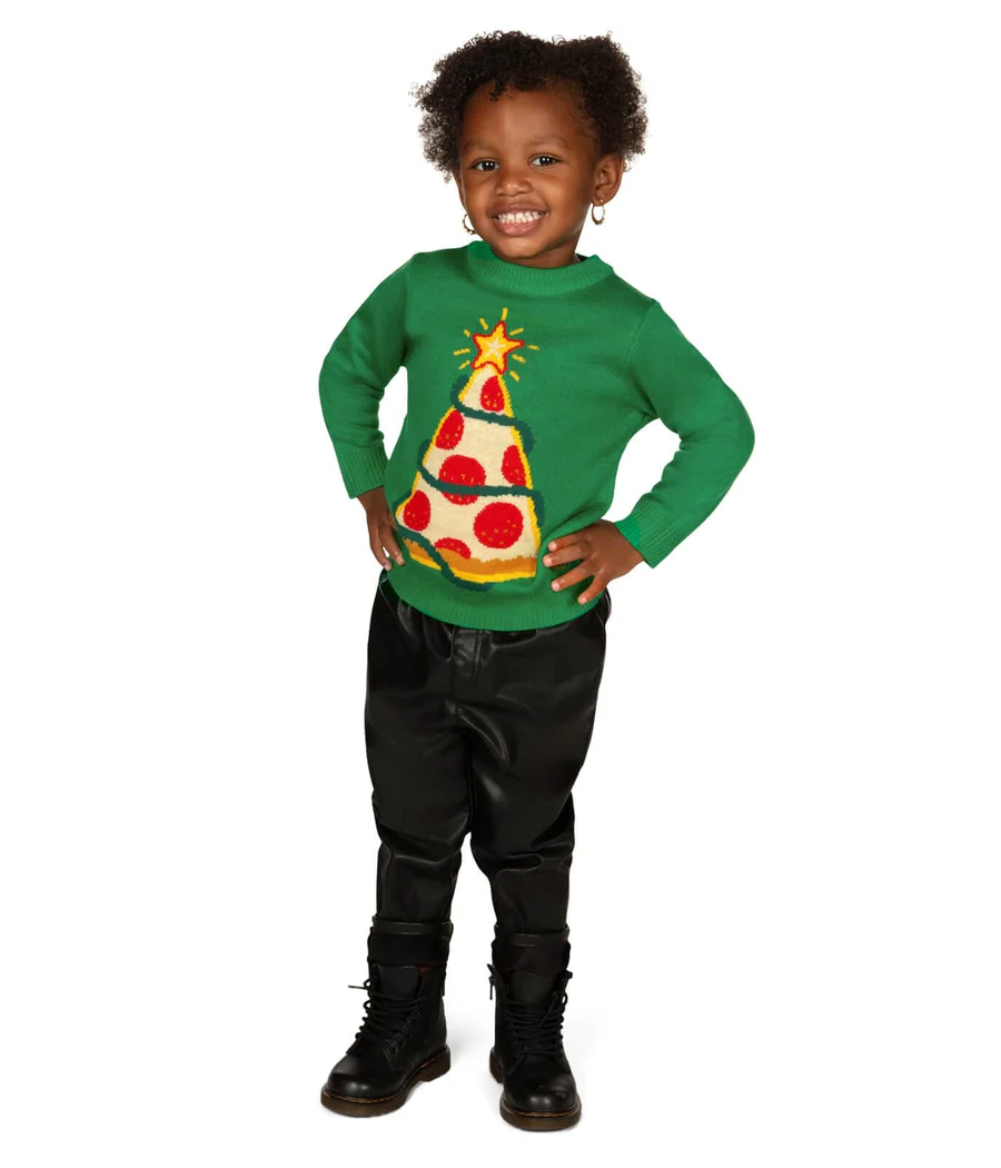 Toddler Girl's Pizza Tree Ugly Christmas Sweater - Image 2