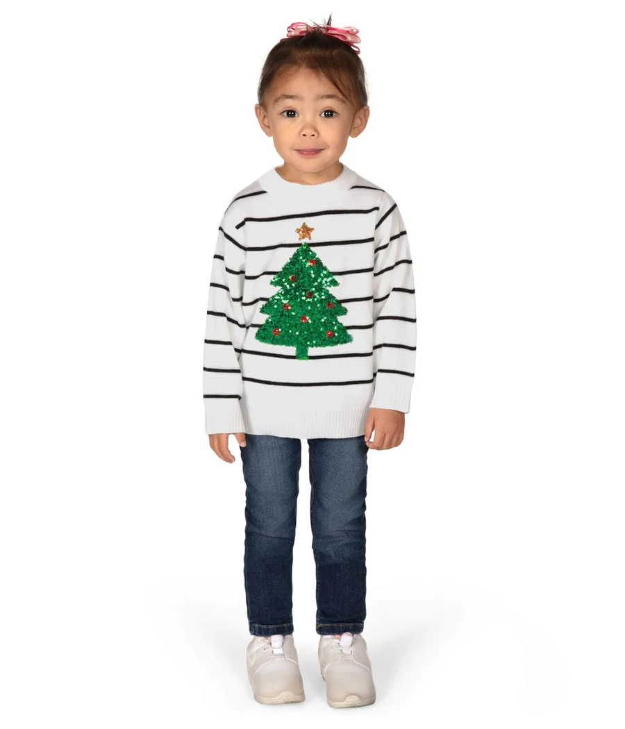 Toddler Girl's White Striped Tree Sweater - Image 2