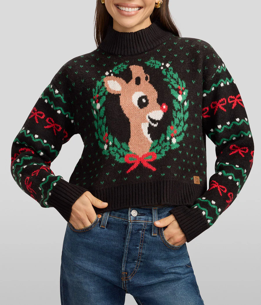 Women's Cozy Knit Rudolph Wreath Cropped Christmas Sweater - Image 2