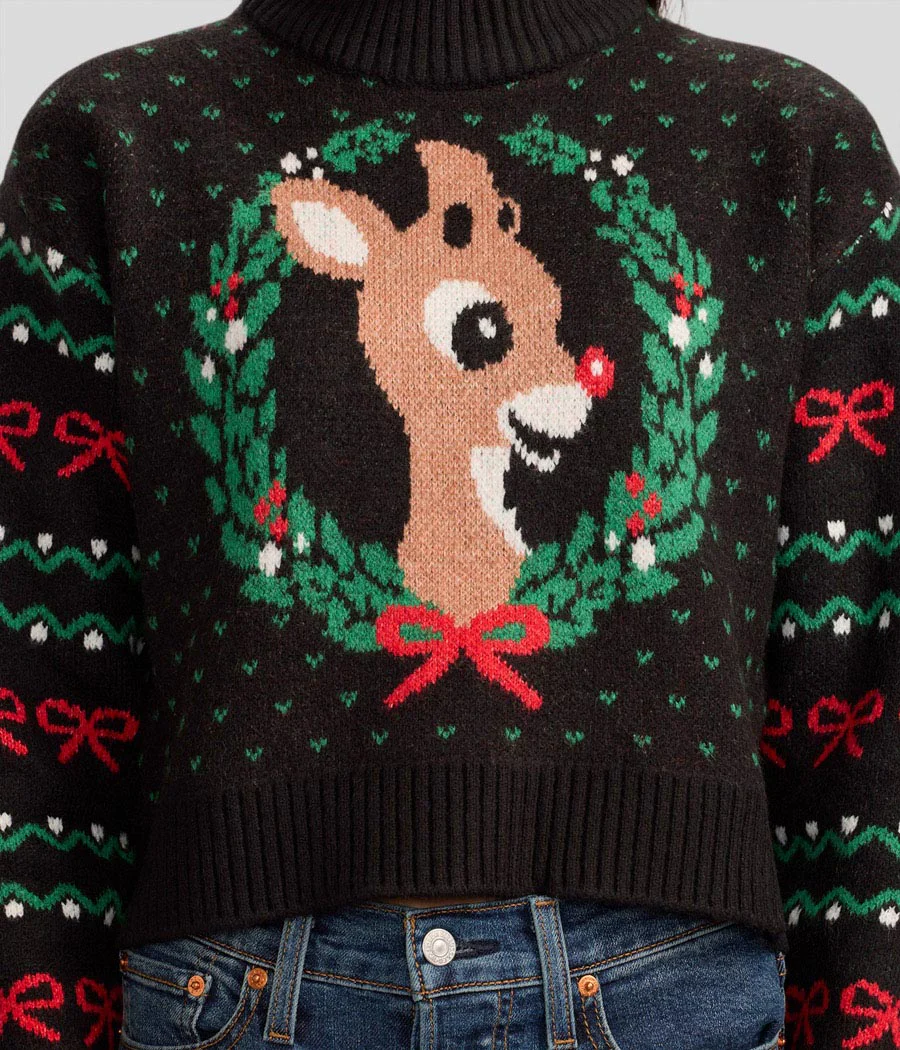 Women's Cozy Knit Rudolph Wreath Cropped Christmas Sweater - Image 5