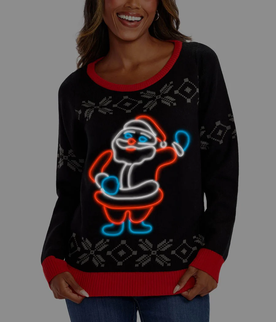 Women's Ho Ho Hello Neon LED Light Up Ugly Christmas Sweater - Image 3