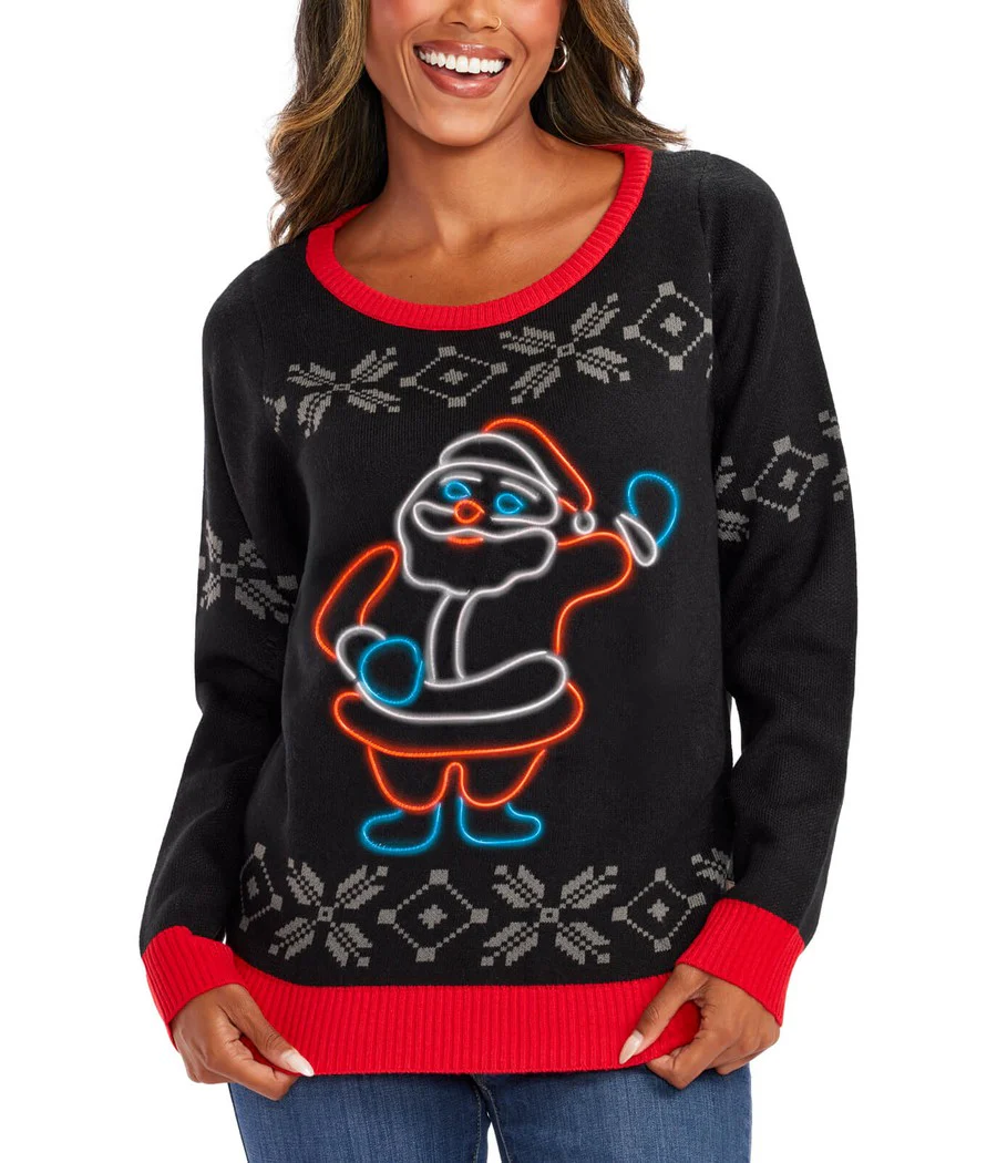 Women's Ho Ho Hello Neon LED Light Up Ugly Christmas Sweater - Image 5