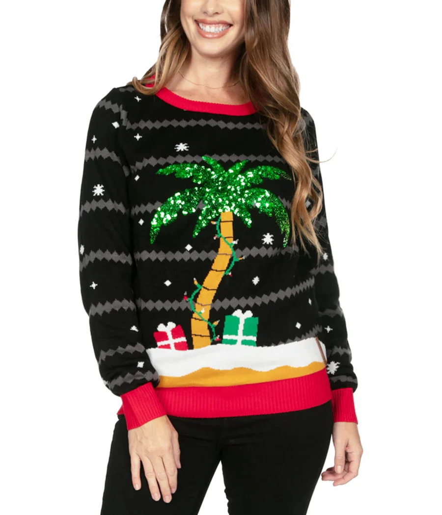 Women’s All Is Palm All Is Bright Light Up Ugly Christmas Sweater - Image 2
