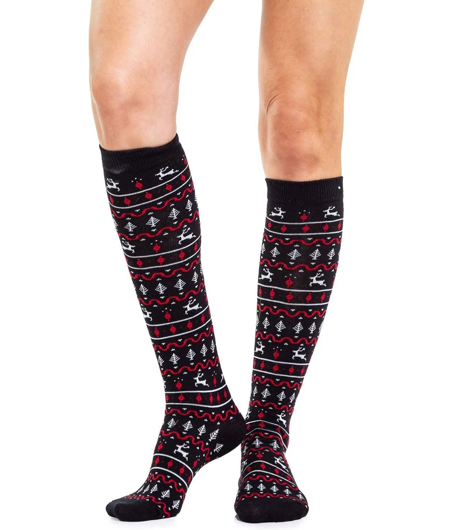 Women's Red and Black Fair Isle Socks (Fits Sizes 6-11W) - Image 2