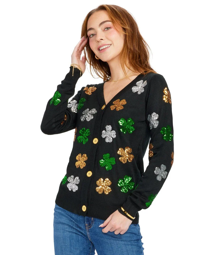 Women's Sequin Clover Cardigan Sweater - Image 3