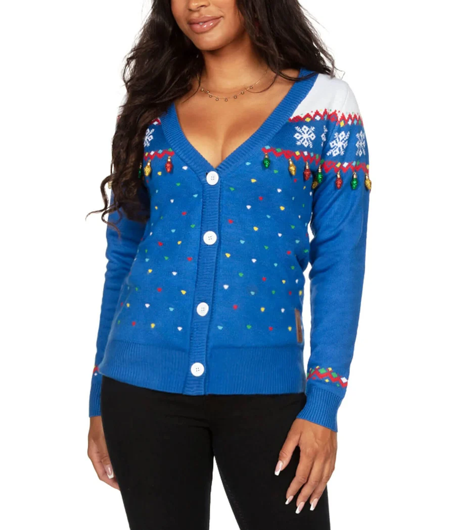 Women's Blue Christmas Lights Cardigan Sweater - Image 2