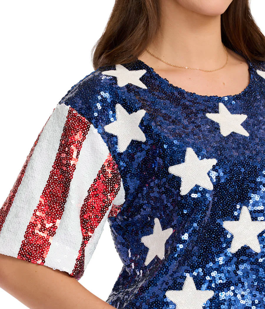 Women's Sequined Stars and Stripes Cropped Tee - Image 2