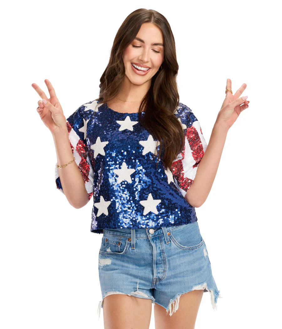 Women's Sequined Stars and Stripes Cropped Tee - Image 8