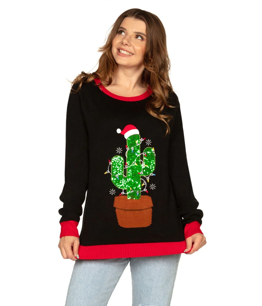Women's Cactus Tree Light Up Ugly Christmas Sweater - Image 2
