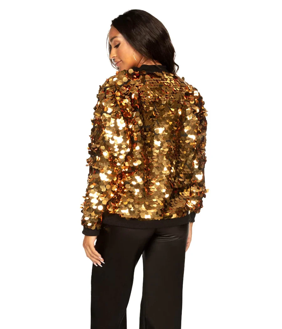 Women's Gold Sequin Disc Bomber Jacket - Image 2