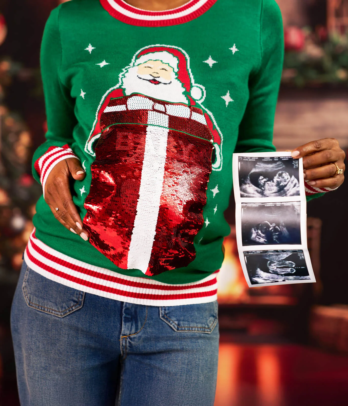 Women's Big Reveal Reversible Sequin Maternity Christmas Sweater - Image 2