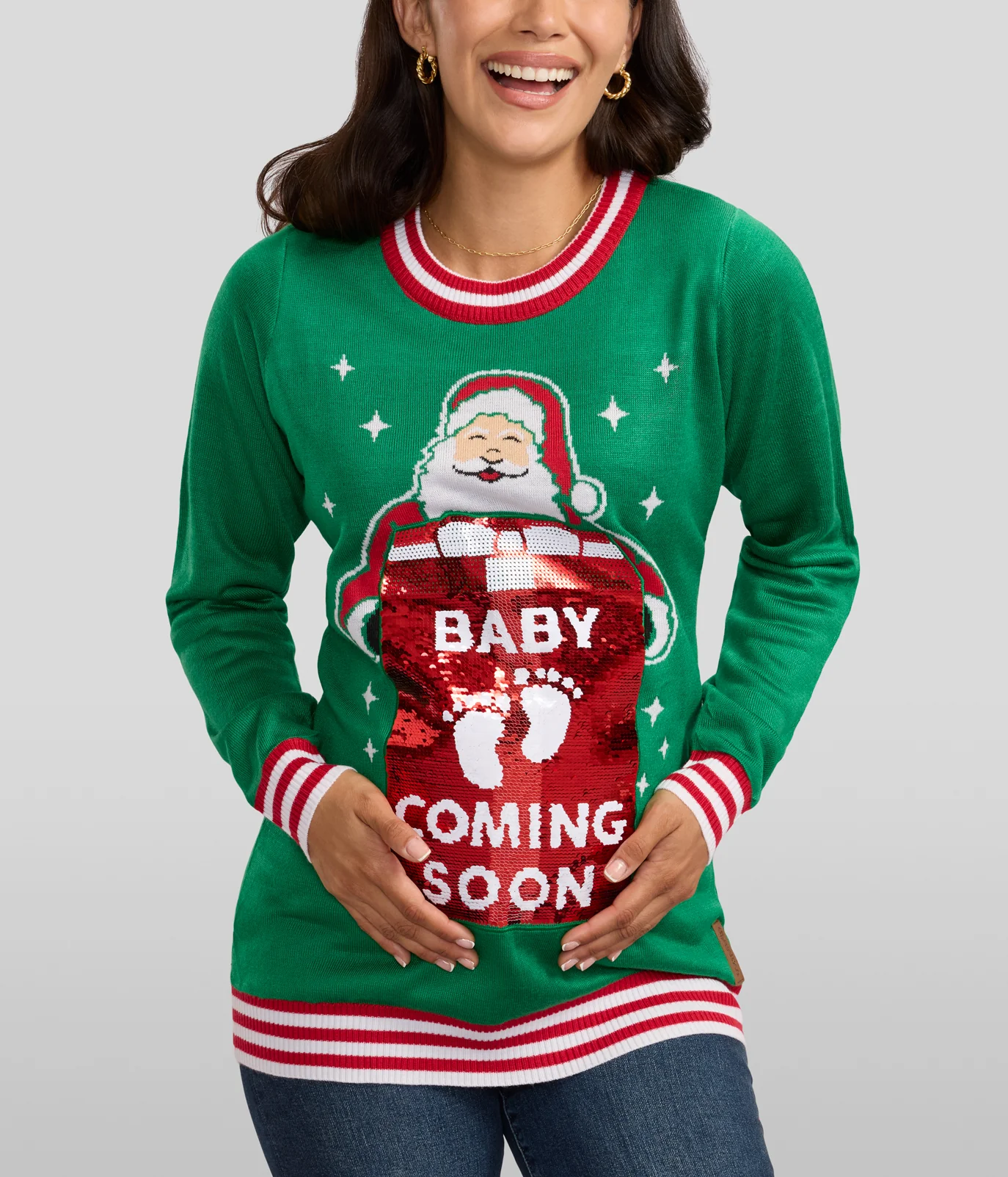 Women's Big Reveal Reversible Sequin Maternity Christmas Sweater - Image 3