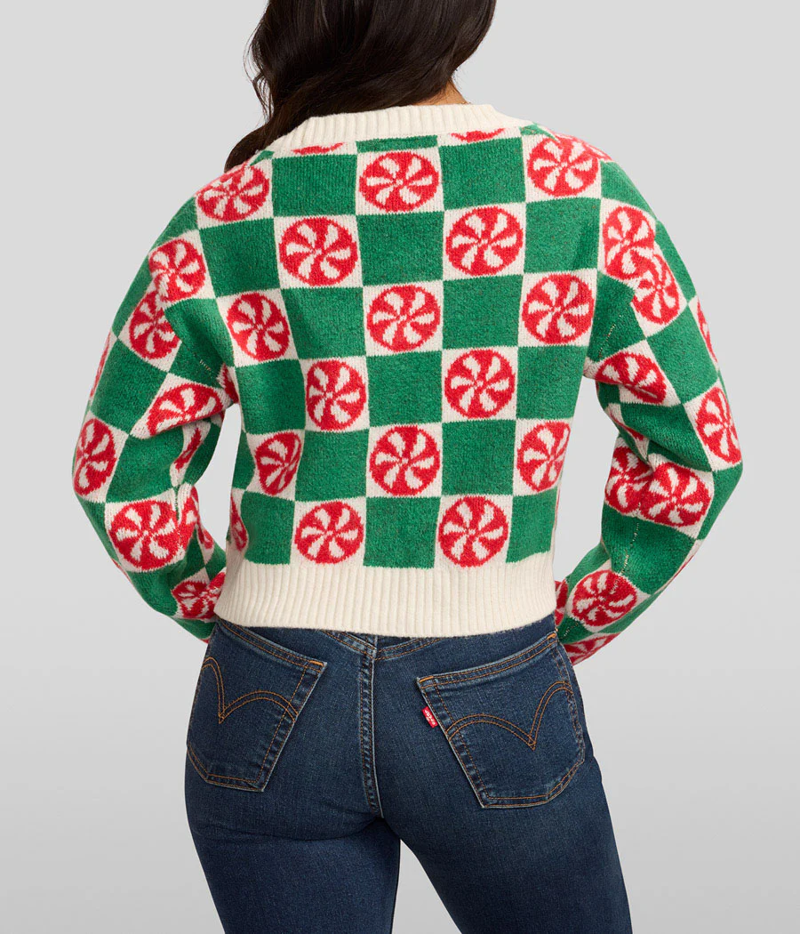 Women's Cozy Knit Checker Mint Cropped Christmas Cardigan Sweater - Image 3