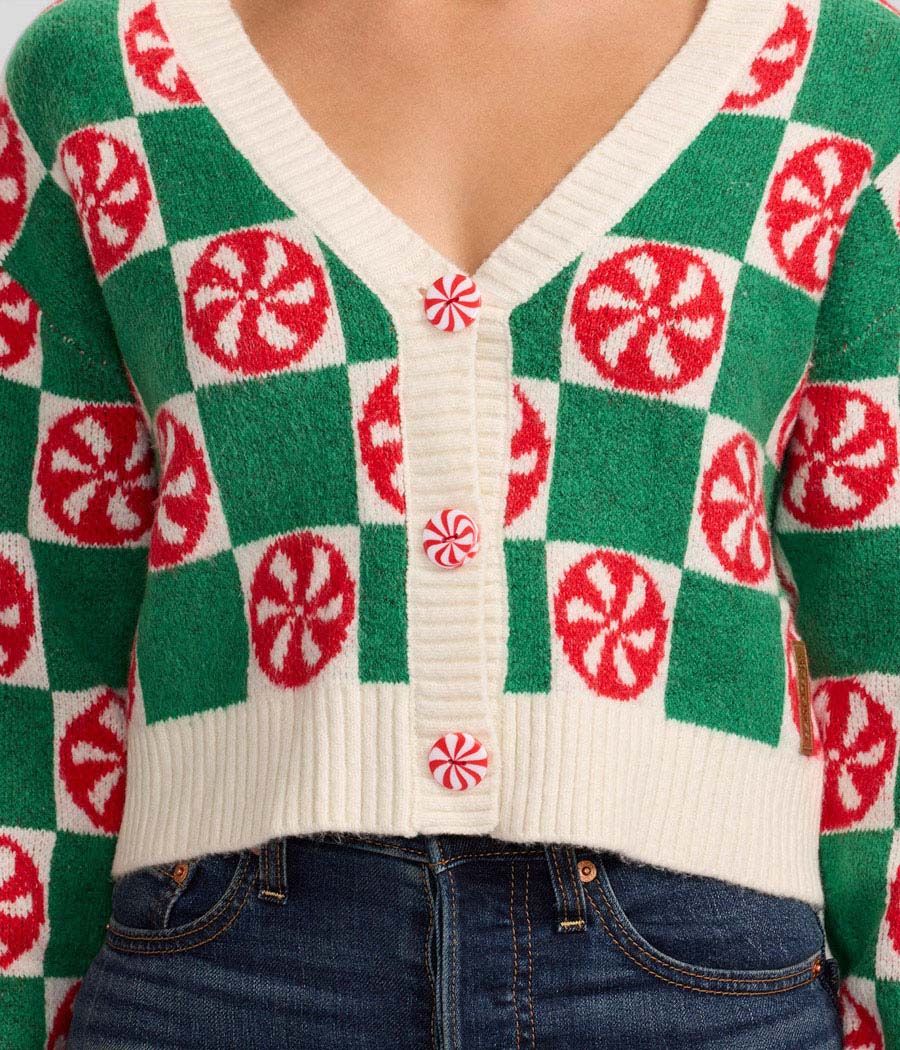 Women's Cozy Knit Checker Mint Cropped Christmas Cardigan Sweater - Image 4