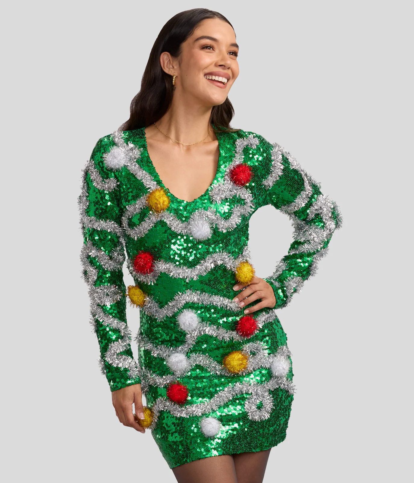 Women's Tangled Pom Pom Sequin V Neck Dress - Image 2