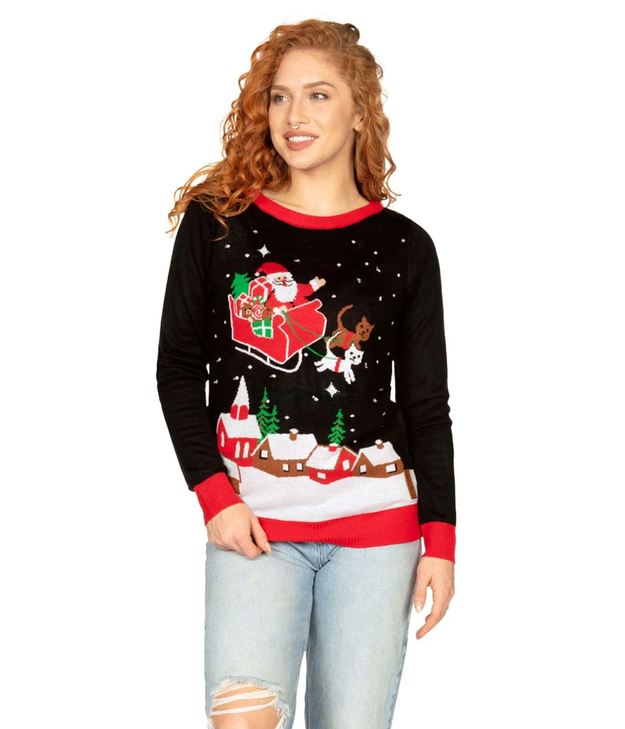 Women's Meowy Christmas Sleigh Light Up Ugly Christmas Sweater - Image 3