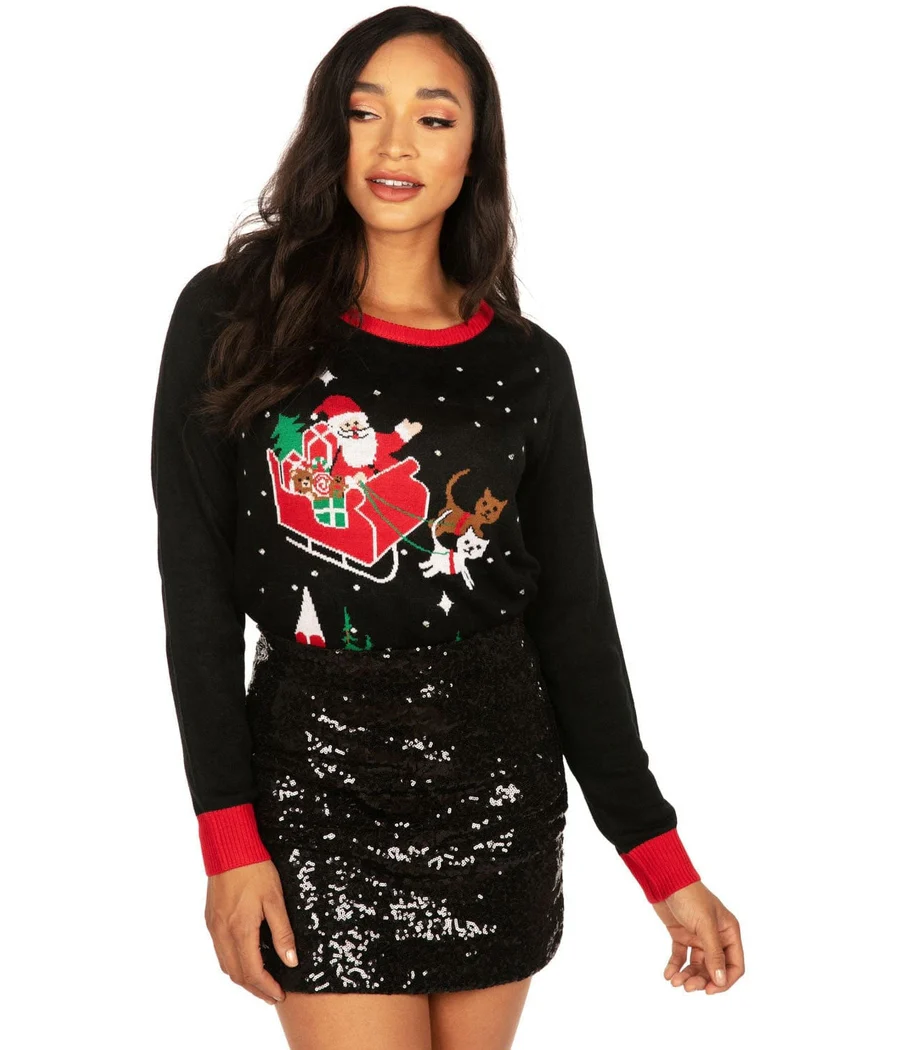 Women's Meowy Christmas Sleigh Light Up Ugly Christmas Sweater - Image 4