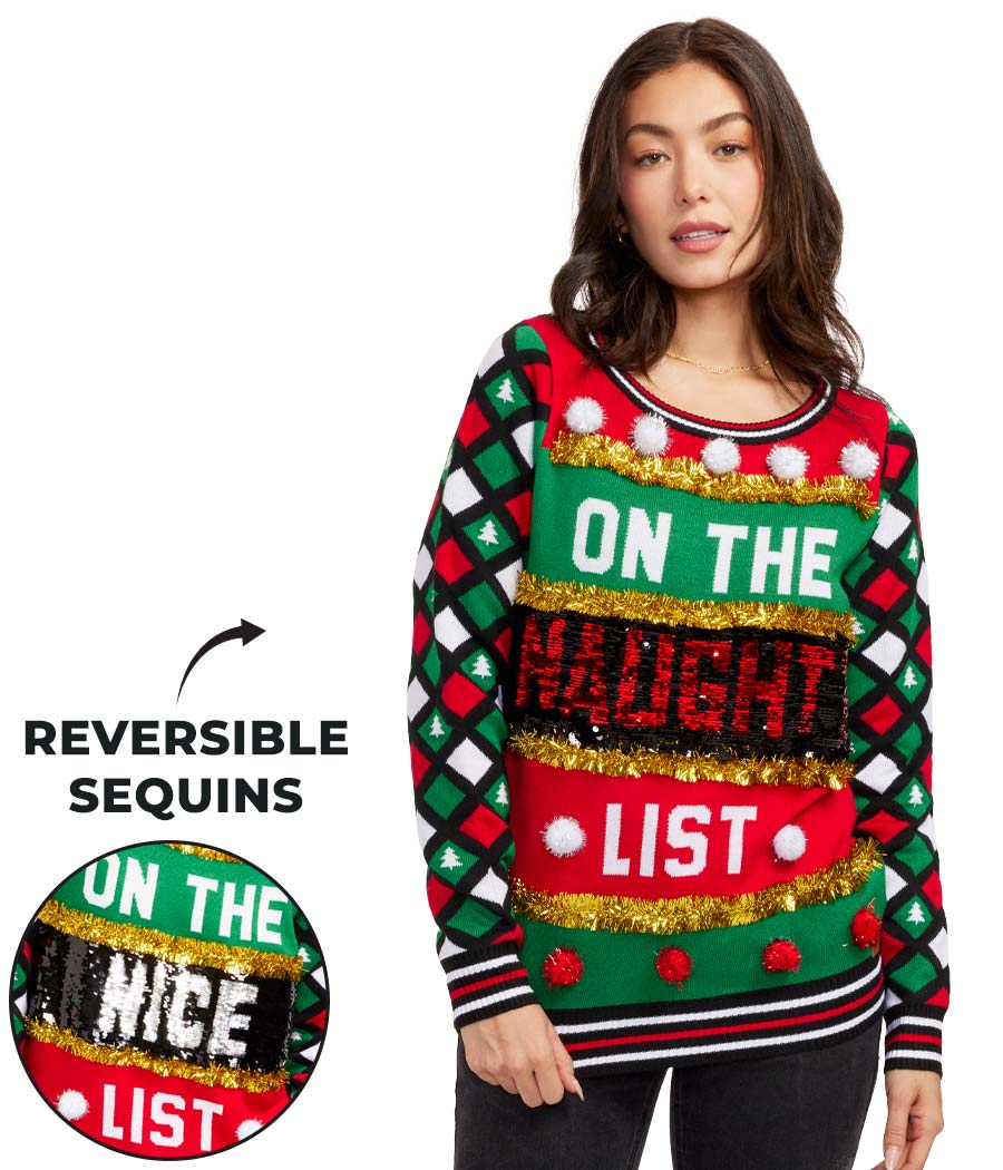 Women's Naughty or Nice Reversible Sequin Ugly Christmas Sweater - Image 3