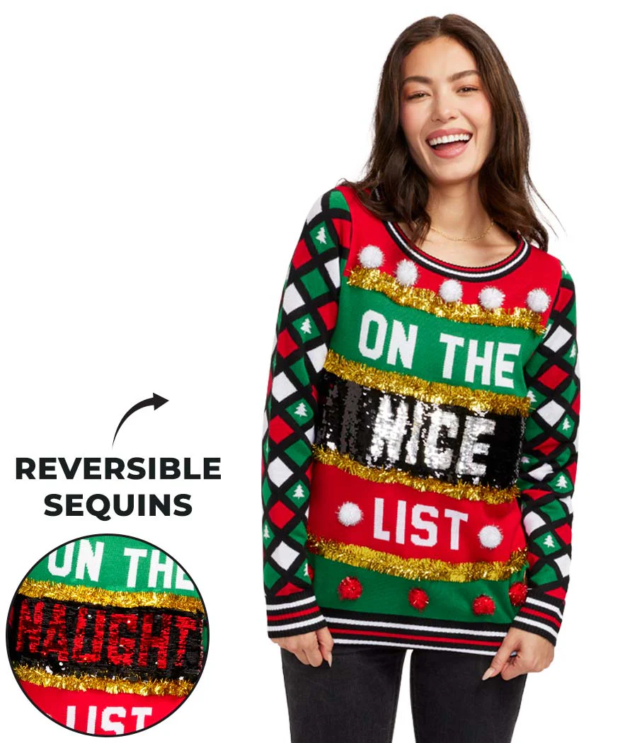 Women's Naughty or Nice Reversible Sequin Ugly Christmas Sweater - Image 4