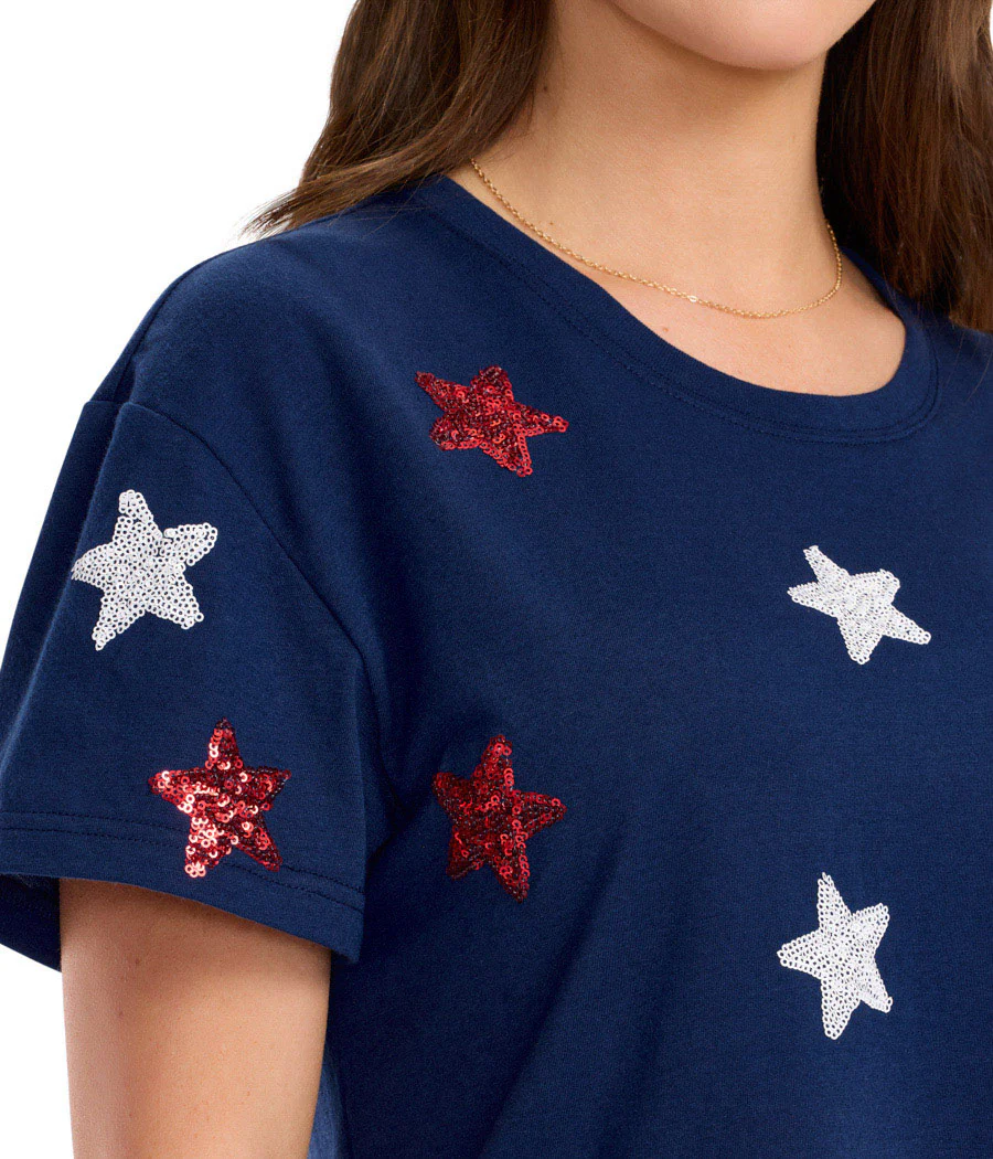 Women's Navy Stars of Summer Sequin Cropped Tee - Image 2