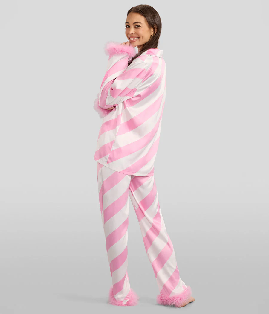 Women's Pink Candy Cane Satin Feather Pajama Set - Image 2
