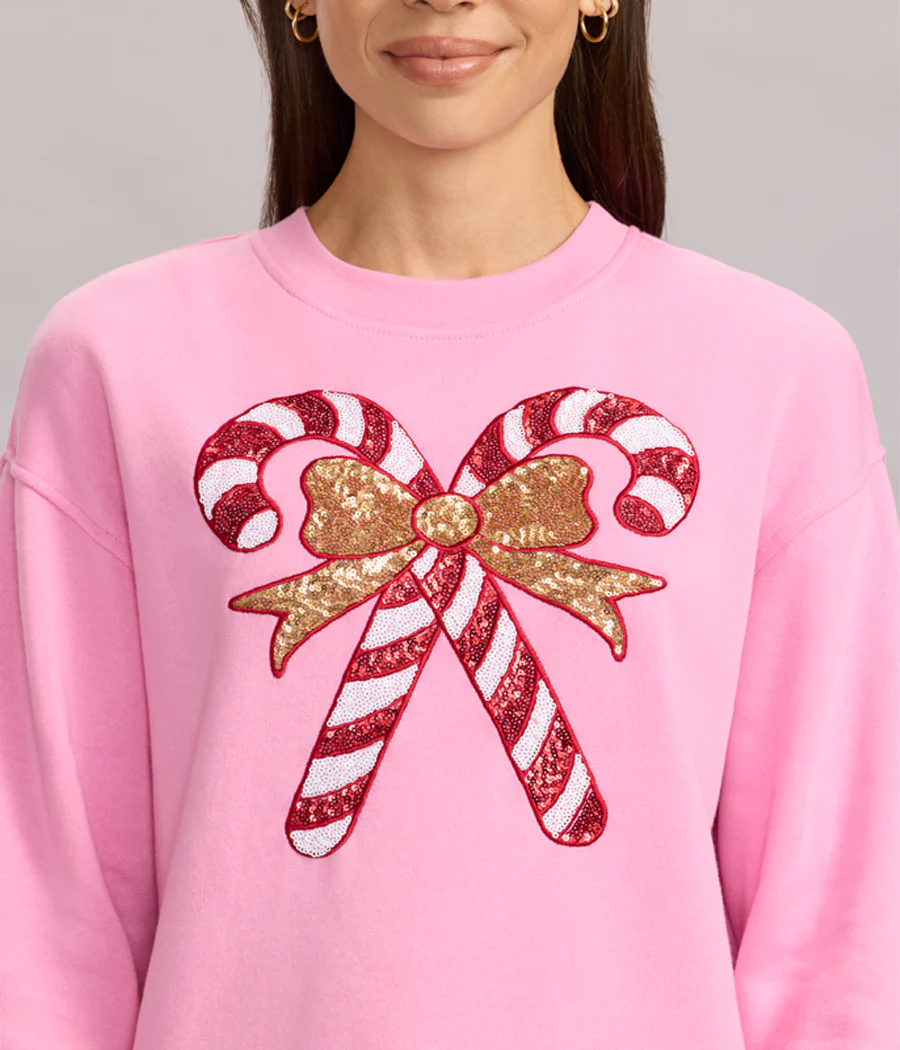 Women's Pink Sequin Candy Cane Sweatshirt - Image 3