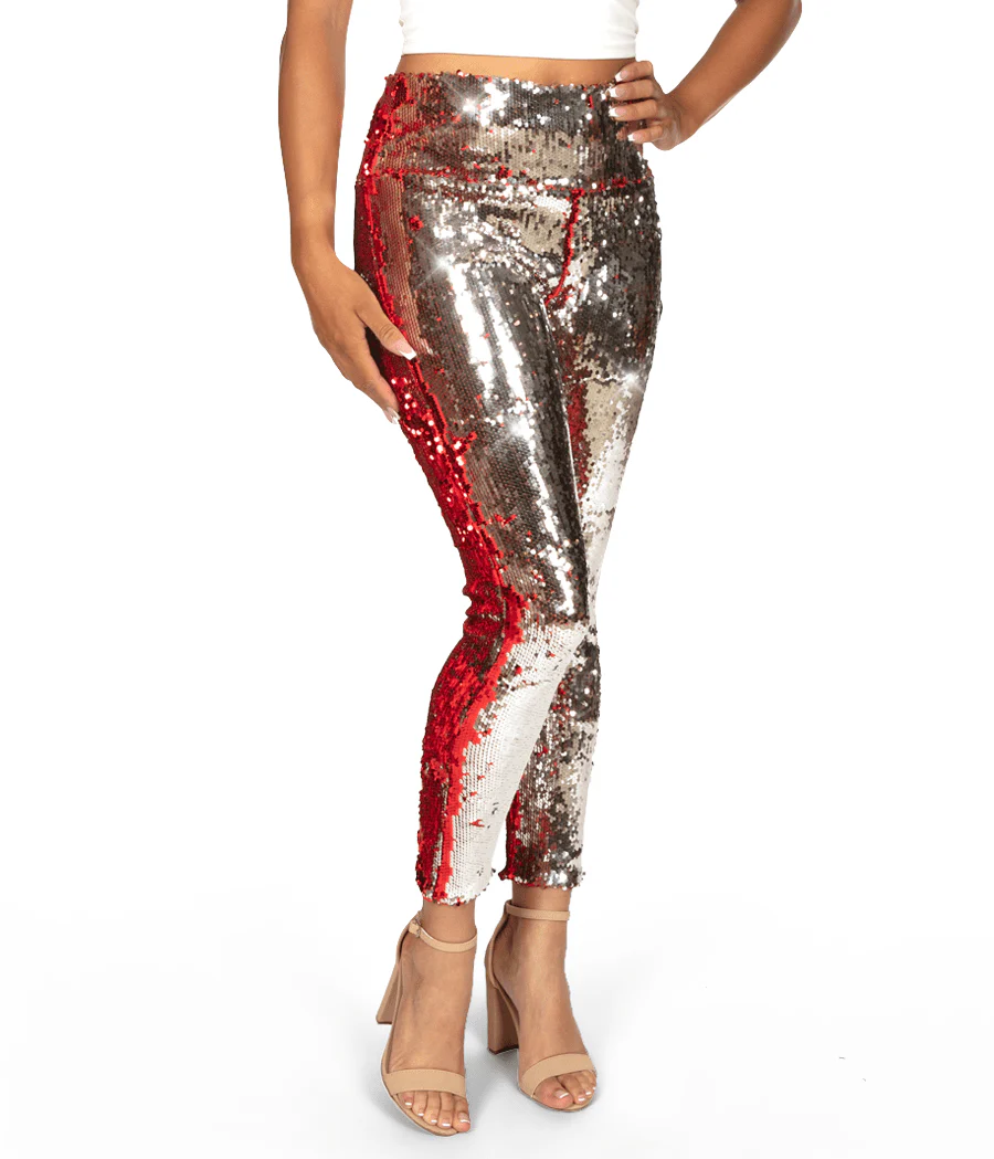 Red and Silver Reversible Sequin High Waisted Leggings - Image 2