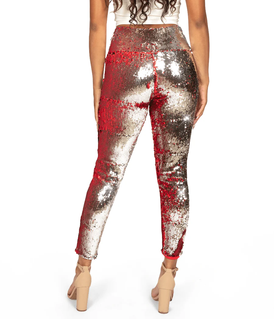 Red and Silver Reversible Sequin High Waisted Leggings - Image 4