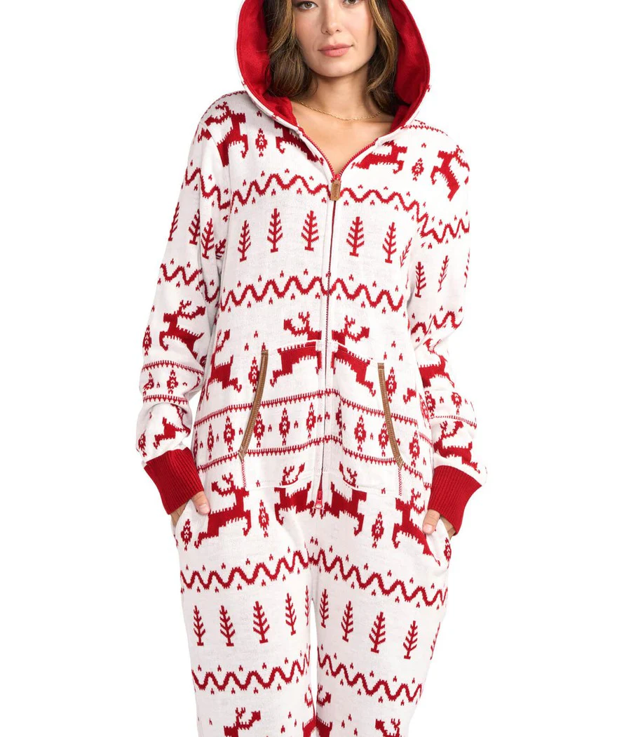 Women's Red and White Fair Isle Knit Jumpsuit - Image 3
