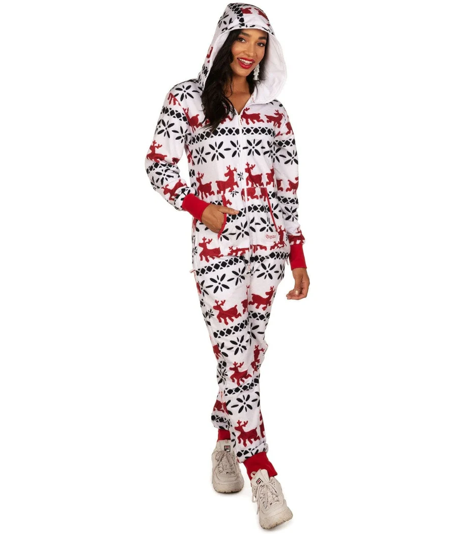Women's Red and White Reindeer Jumpsuit - Image 2