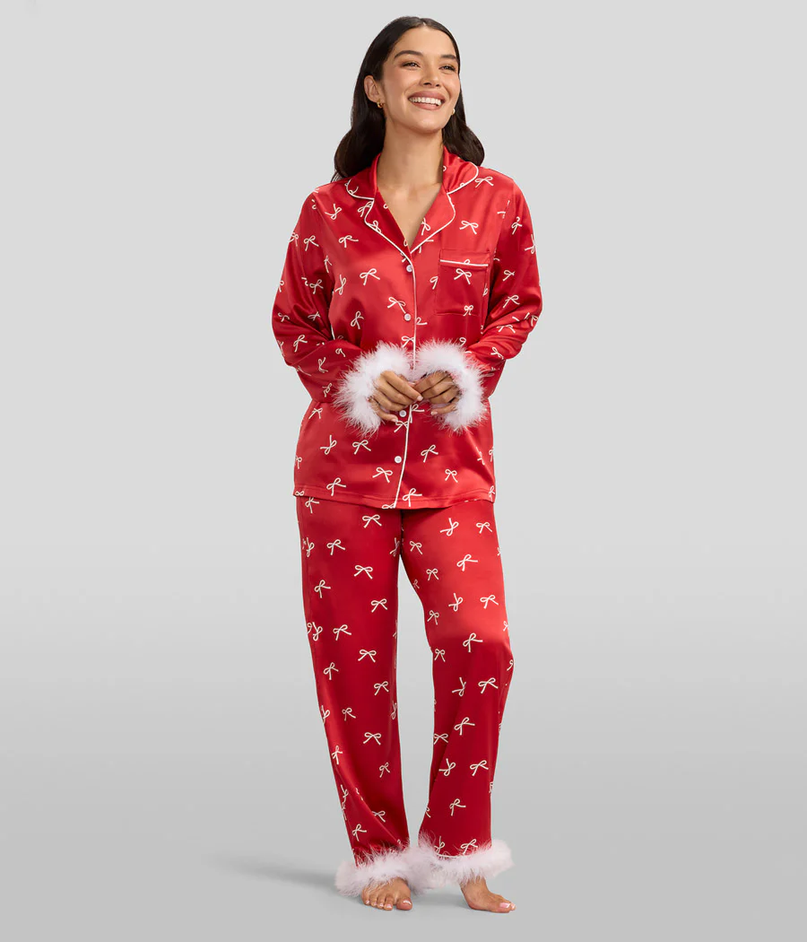 Women's Christmas Bow Satin Feather Pajama Set - Image 2