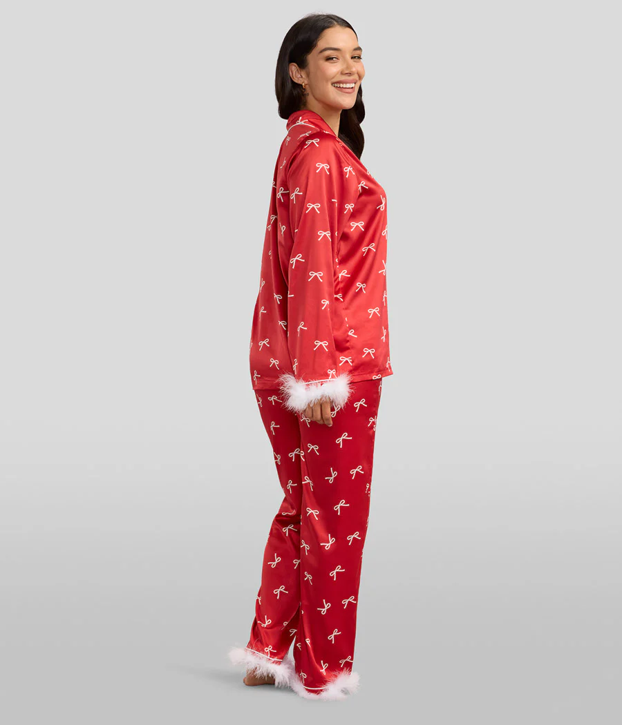 Women's Christmas Bow Satin Feather Pajama Set - Image 5